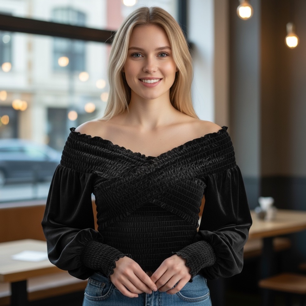 Steve Madden Velvet Black V-Neck Long Sleeve Off Shoulder Blouse